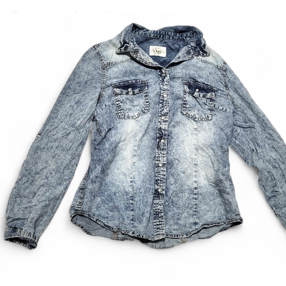 Y2K YMI Women's acid wash denim button-down shirt pearl snaps blue size large